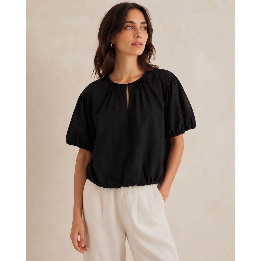 AYR Black Gauze The Puff Puff Top Cropped Puffed Sleeve 100% Cotton Size Large